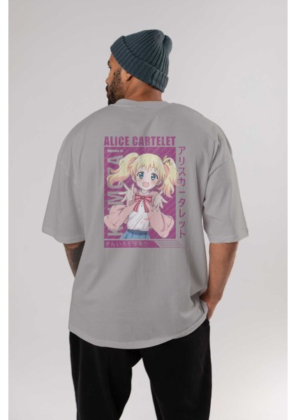 Alice Cartelet 12 Anime Arka Baskılı Gri Oversize T-Shirt %100 Pamuk Erkek Kadın fırsatları