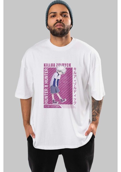 Killua Zoldyck 3 1 Anime Ön Baskılı Beyaz Oversize T-Shirt Erkek Kadın