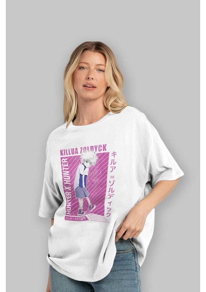 Killua Zoldyck 3 1 Anime Ön Baskılı Beyaz Oversize T-Shirt Erkek Kadın fırsatları