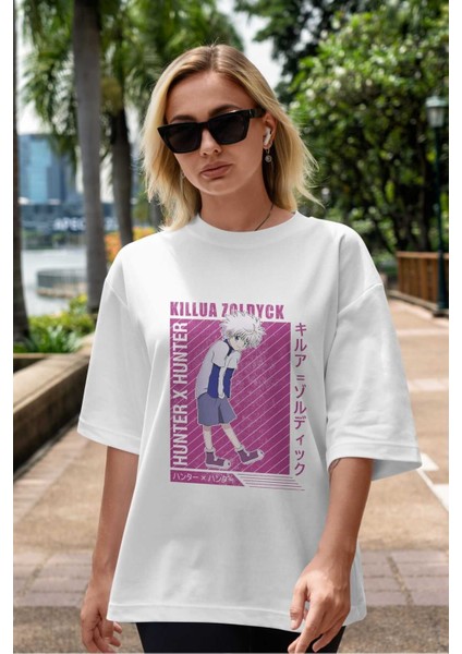 Killua Zoldyck 3 1 Anime Ön Baskılı Beyaz Oversize T-Shirt Erkek Kadın indirimleri