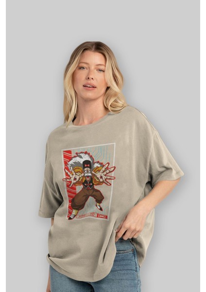 Dragonball Drmakigero Anime Ön Baskılı Bej Oversize T-Shirt Erkek Kadın modelleri