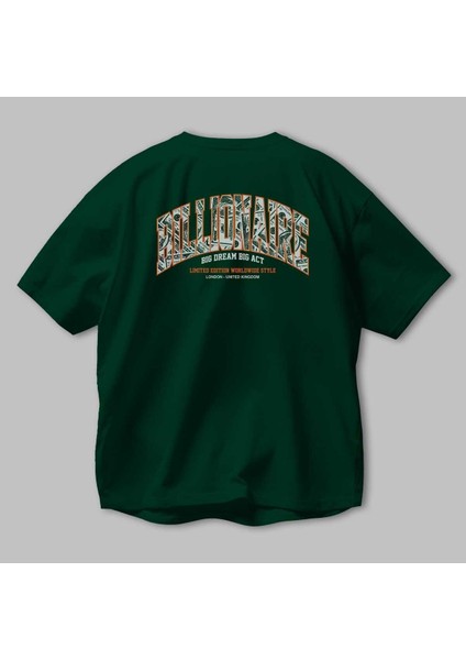 Billionaire Arka Baskılı Zümrüt Yeşili Oversize T-Shirt Unisex Erkek Kadın Bisiklet Yaka modelleri