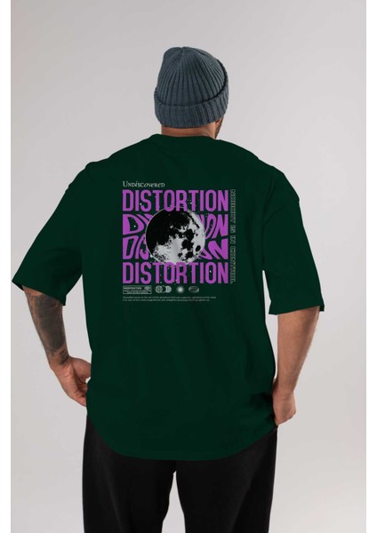 Distortion Arka Baskılı Zümrüt Yeşili Oversize T-Shirt Unisex Erkek Kadın Bisiklet Yaka