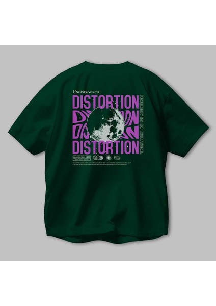 Distortion Arka Baskılı Zümrüt Yeşili Oversize T-Shirt Unisex Erkek Kadın Bisiklet Yaka modelleri