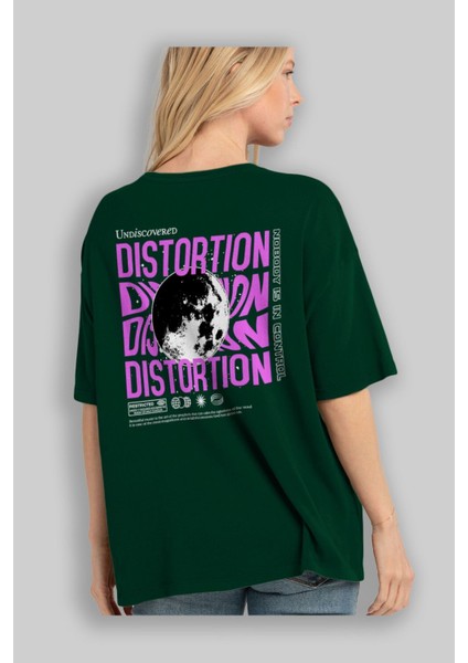 Distortion Arka Baskılı Zümrüt Yeşili Oversize T-Shirt Unisex Erkek Kadın Bisiklet Yaka fırsatları