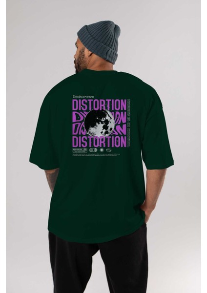 Distortion Arka Baskılı Zümrüt Yeşili Oversize T-Shirt Unisex Erkek Kadın Bisiklet Yaka indirimleri