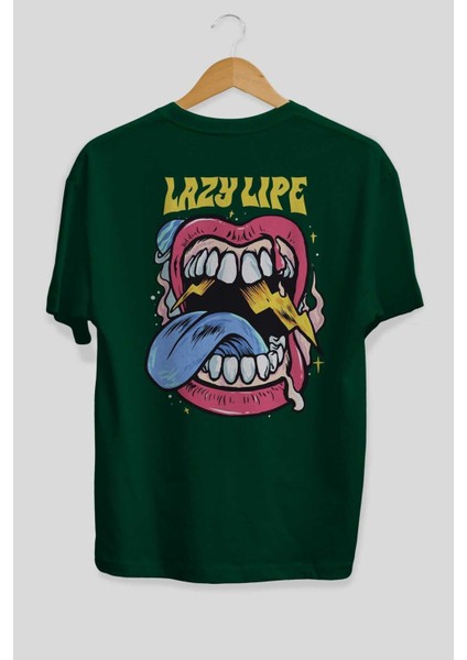 Lazy Lipe Arka Baskılı Zümrüt Yeşili Oversize T-Shirt Unisex Erkek Kadın Bisiklet Yaka fiyatları