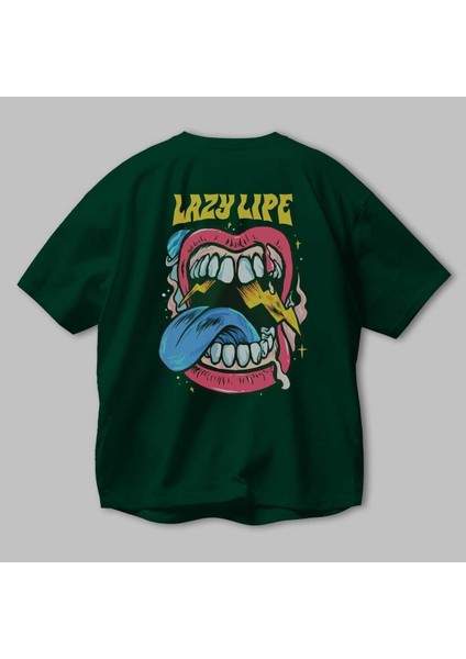 Lazy Lipe Arka Baskılı Zümrüt Yeşili Oversize T-Shirt Unisex Erkek Kadın Bisiklet Yaka modelleri