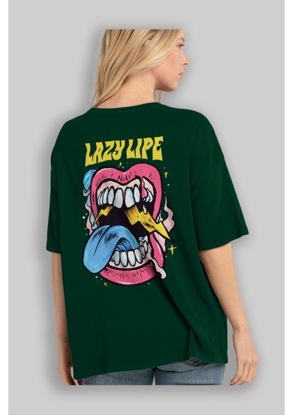 Lazy Lipe Arka Baskılı Zümrüt Yeşili Oversize T-Shirt Unisex Erkek Kadın Bisiklet Yaka fırsatları