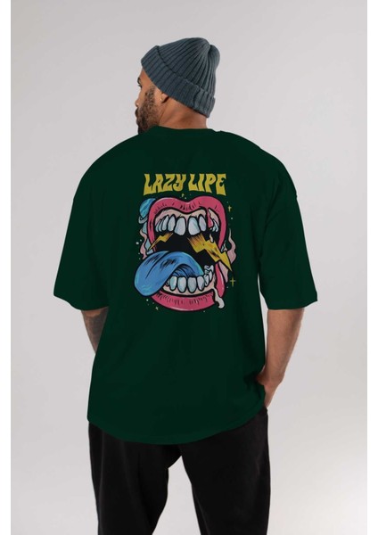 Lazy Lipe Arka Baskılı Zümrüt Yeşili Oversize T-Shirt Unisex Erkek Kadın Bisiklet Yaka indirimleri