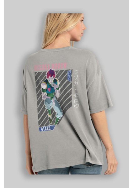 Hisoka Morow 2 2 Anime Arka Baskılı Gri Oversize T-Shirt %100 Pamuk Erkek Kadın modelleri