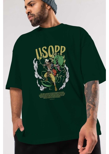 Usopp Anime Ön Baskılı Zümrüt Yeşili Oversize T-Shirt Erkek Kadın modelleri