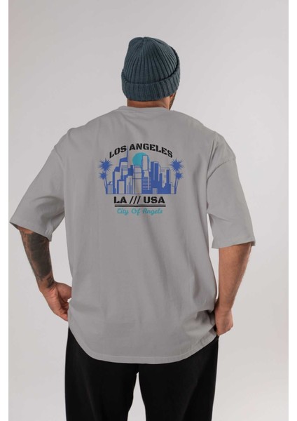 Los Angeles Arka Baskılı Gri Oversize T-Shirt Unisex Erkek Kadın Bisiklet Yaka