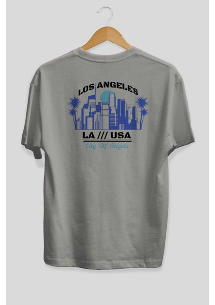 Los Angeles Arka Baskılı Gri Oversize T-Shirt Unisex Erkek Kadın Bisiklet Yaka fiyatları