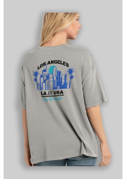 Los Angeles Arka Baskılı Gri Oversize T-Shirt Unisex Erkek Kadın Bisiklet Yaka modelleri
