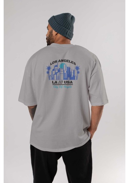 Los Angeles Arka Baskılı Gri Oversize T-Shirt Unisex Erkek Kadın Bisiklet Yaka fırsatları