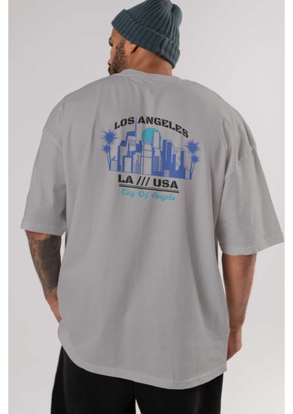 Los Angeles Arka Baskılı Gri Oversize T-Shirt Unisex Erkek Kadın Bisiklet Yaka indirimleri
