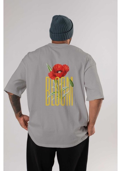 Bloom Flower Arka Baskılı Gri Oversize T-Shirt Unisex Erkek Kadın Bisiklet Yaka