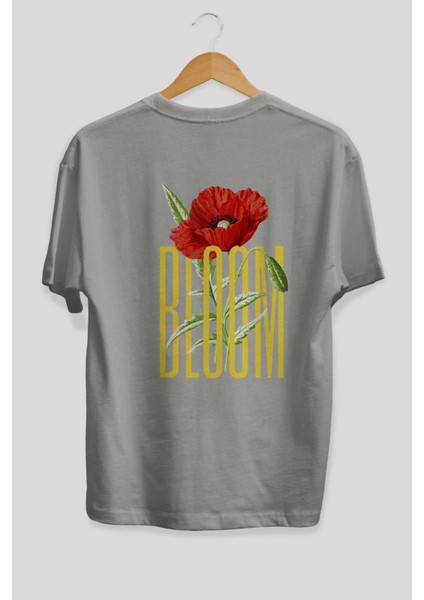 Bloom Flower Arka Baskılı Gri Oversize T-Shirt Unisex Erkek Kadın Bisiklet Yaka fiyatları
