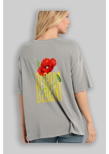 Bloom Flower Arka Baskılı Gri Oversize T-Shirt Unisex Erkek Kadın Bisiklet Yaka modelleri
