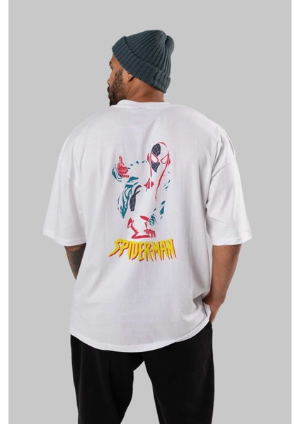 Spiderman (25) Arka Baskılı Beyaz Oversize T-Shirt Bisiklet Yaka Pamuk Erkek Kadın fırsatları