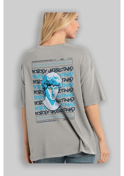 Nobody Understand Arka Baskılı Gri Oversize T-Shirt Unisex Erkek Kadın Bisiklet Yaka modelleri