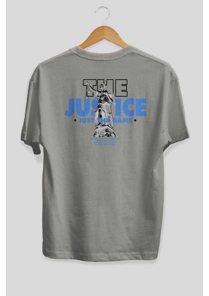 The Justice Arka Baskılı Gri Oversize T-Shirt Unisex Erkek Kadın Bisiklet Yaka fiyatları