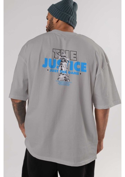 The Justice Arka Baskılı Gri Oversize T-Shirt Unisex Erkek Kadın Bisiklet Yaka indirimleri
