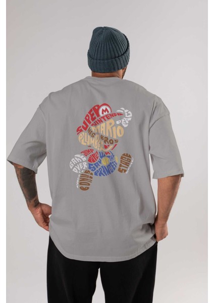 Mario Bros Arka Baskılı Gri Oversize T-Shirt Unisex Erkek Kadın Bisiklet Yaka