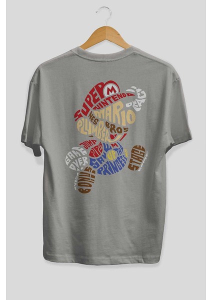 Mario Bros Arka Baskılı Gri Oversize T-Shirt Unisex Erkek Kadın Bisiklet Yaka fiyatları