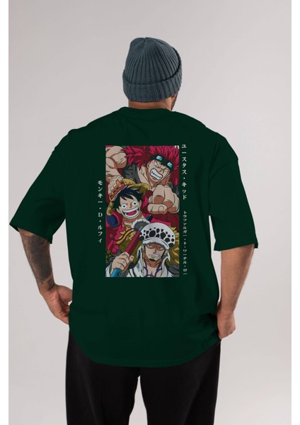Super Novas One Piece Anime Arka Baskılı Zümrüt Yeşili Oversize T-Shirt Pamuk Erkek Kadın