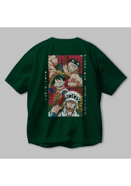 Super Novas One Piece Anime Arka Baskılı Zümrüt Yeşili Oversize T-Shirt Pamuk Erkek Kadın modelleri