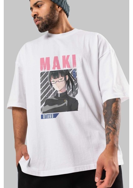 Maki Zenin Chaınsawman 1 Anime Ön Baskılı Beyaz Oversize T-Shirt Erkek Kadın modelleri