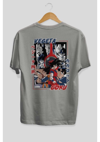 Vegeta Vs Goku Anime Arka Baskılı Gri Oversize T-Shirt %100 Pamuk Erkek Kadın fiyatları
