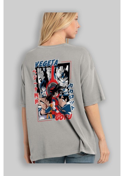 Vegeta Vs Goku Anime Arka Baskılı Gri Oversize T-Shirt %100 Pamuk Erkek Kadın modelleri