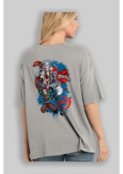 Tanjıro ,akaza,dakı Anime Arka Baskılı Gri Oversize T-Shirt %100 Pamuk Erkek Kadın modelleri