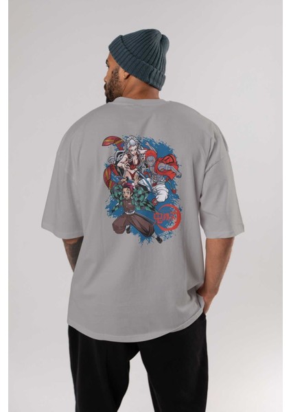 Tanjıro ,akaza,dakı Anime Arka Baskılı Gri Oversize T-Shirt %100 Pamuk Erkek Kadın fırsatları
