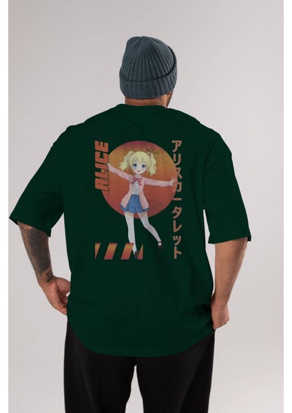 Alice Cartelet 15 Anime Arka Baskılı Zümrüt Yeşili Oversize T-Shirt Pamuk Erkek Kadın