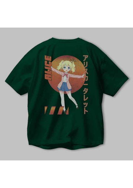 Alice Cartelet 15 Anime Arka Baskılı Zümrüt Yeşili Oversize T-Shirt Pamuk Erkek Kadın modelleri