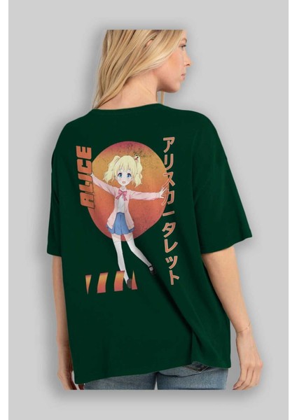 Alice Cartelet 15 Anime Arka Baskılı Zümrüt Yeşili Oversize T-Shirt Pamuk Erkek Kadın fırsatları