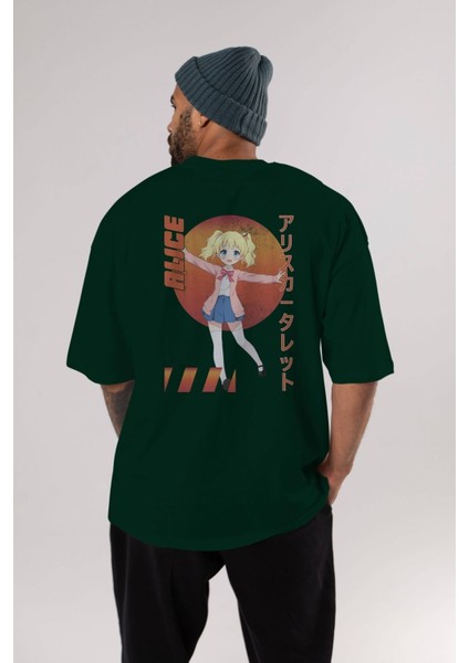 Alice Cartelet 15 Anime Arka Baskılı Zümrüt Yeşili Oversize T-Shirt Pamuk Erkek Kadın indirimleri