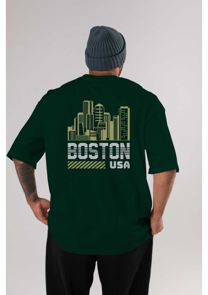 Boston Arka Baskılı Zümrüt Yeşili Oversize T-Shirt Unisex Erkek Kadın Bisiklet Yaka