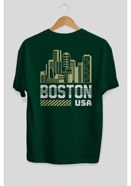Boston Arka Baskılı Zümrüt Yeşili Oversize T-Shirt Unisex Erkek Kadın Bisiklet Yaka fiyatları