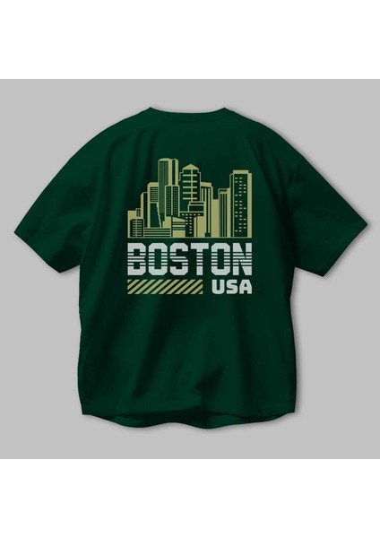 Boston Arka Baskılı Zümrüt Yeşili Oversize T-Shirt Unisex Erkek Kadın Bisiklet Yaka modelleri