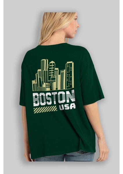 Boston Arka Baskılı Zümrüt Yeşili Oversize T-Shirt Unisex Erkek Kadın Bisiklet Yaka fırsatları