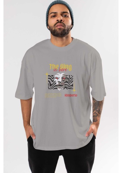 The King Is Here Yazılı Ön Baskılı Gri Oversize T-Shirt Unisex Erkek Kadın Bisiklet Yaka