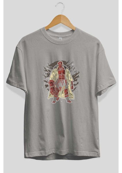 Hellboy Ön Baskılı Gri Oversize T-Shirt Unisex Erkek Kadın Bisiklet Yaka fiyatları