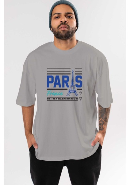 Paris Ön Baskılı Gri Oversize T-Shirt Unisex Erkek Kadın Bisiklet Yaka