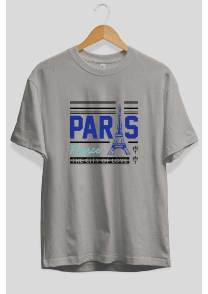 Paris Ön Baskılı Gri Oversize T-Shirt Unisex Erkek Kadın Bisiklet Yaka fiyatları