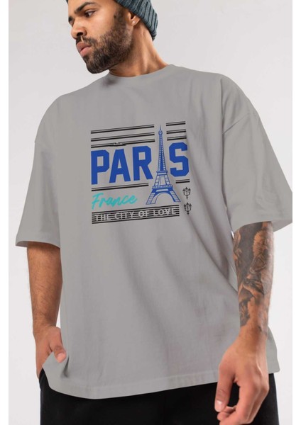 Paris Ön Baskılı Gri Oversize T-Shirt Unisex Erkek Kadın Bisiklet Yaka modelleri
